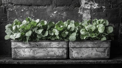 Lush green spinach leaves in rustic metal planters against a textured brick wall