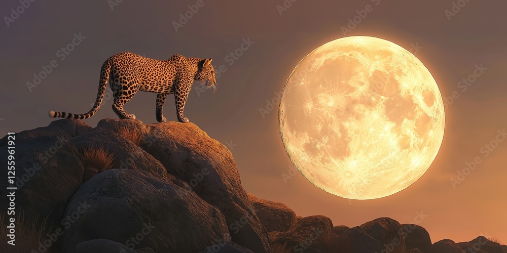 Wall mural leopard is standing on a rock in front of a full moon