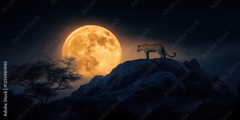 Canvas Prints tiger is standing on a hill in front of a full moon