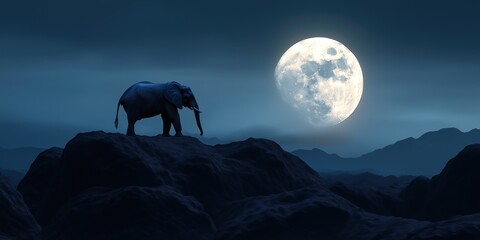 Large elephant is standing on a rocky hillside in front of a large moon