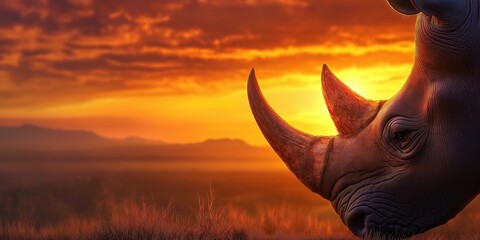 Fototapeta premium Rhino is standing in a field with a sunset in the background