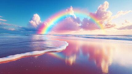 Ethereal Beautiful Sunset Ocean background with pastel rainbow arching across the sky, with a tranquil, peaceful, and serene feel