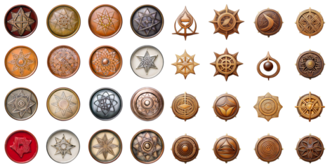 Collection of Artistic Emblems and Symbols in Various Designs and Colors, isolated on transparent background