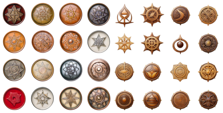 Collection of Artistic Emblems and Symbols in Various Designs and Colors, isolated on transparent background