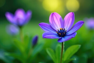 Fototapeta premium Full bloom of a gorgeous violet-blue flower in a lush green garden environment, petals, full bloom, flowers