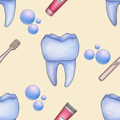 Seamless Pattern Blue Kawaii Tooth and Toothpaste with Toothbrush and Bubble Big Design on Pastel Yellow Background