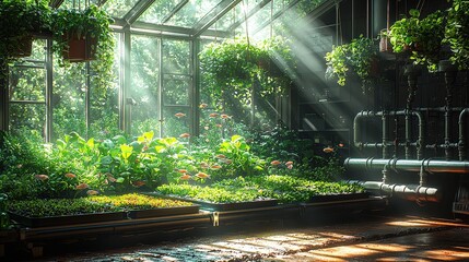 Obraz premium Lush greenhouse with sunlit plants and pipes: harmonious indoor farming environment
