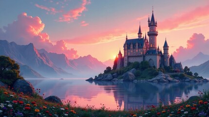 Fototapeta premium Serene Sunset Vista Majestic Castle on a Tranquil Lake Surrounded by Picturesque Mountains and Blooming Wildflowers