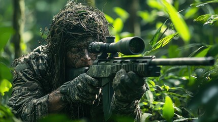 Camouflaged Sniper in Lush Jungle
