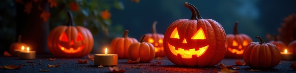 Glowing candlelight illuminates carved Halloween pumpkins , october, holiday, festival