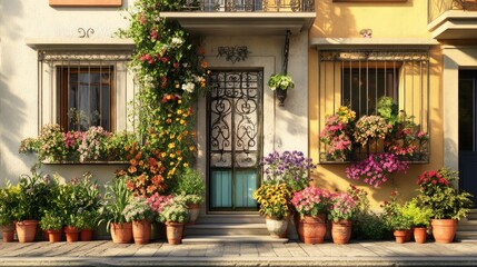 Fototapeta premium Charming Facade: A Vibrant Display of Flowers and Architectural Beauty