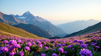 Serene mountain vista, a breathtaking panorama of purple wildflowers blooming across rolling hills, bathed in the golden light of sunrise