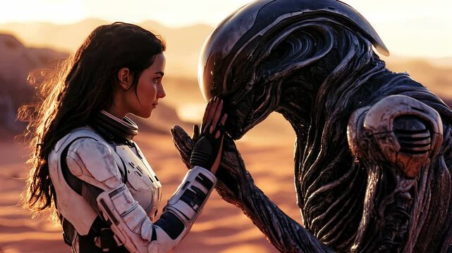 A female astronaut in a futuristic space suit gently touching hands with an alien being in a desert landscape at sunset, symbolizing first contact, understanding, and intergalactic connection