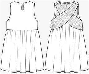SLEEVELESS DRESS WITH SMOCKING CROSS OVER  DETAIL DESIGNED FOR KID GIRLS TWEENS AND TEEN GIRLS IN VECTOR FILE