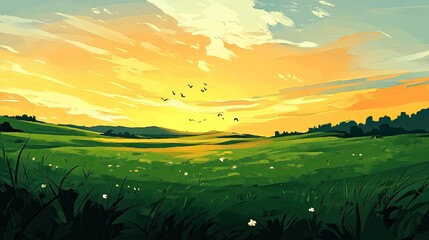 Obraz premium Lush green meadows with distant mountains, under a soft, colorful sunset sky 