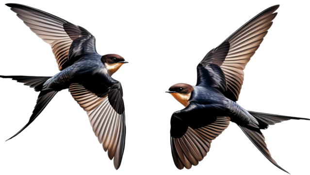 Realistic Swallows in Mid-Flight with Detailed Wingspans on Transparent Background