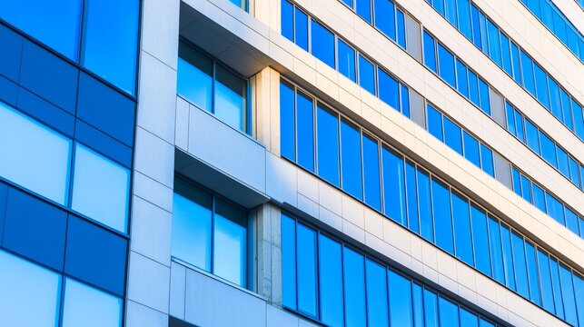 Modern office building facade with reflective glass windows and geometric patterns in sunlight - Powered by Adobe