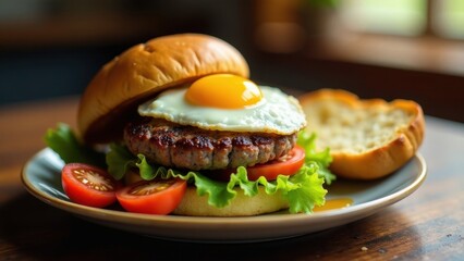 A delectable burger, featuring a juicy patty topped with a perfectly fried egg, nestled between a soft bun and fresh lettuce, accompanied by ripe tomato slices, served on a rustic plate.
