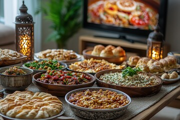 Fototapeta premium Abundant feast with dishes beautifully arranged on a table illuminated by lantern light A warm inviting atmosphere for a shared meal