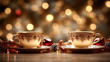 Fototapeta premium Festive teacups, Christmas lights, wooden table, holiday cheer