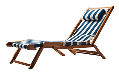 A folding sun lounger with a cushioned headrest and striped fabric, isolated on a empty plain background