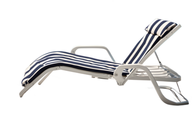 A folding sun lounger with a cushioned headrest and striped fabric, isolated on a empty plain background