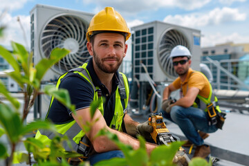 Rooftop air conditioning maintenance: technicians in safety gear repairing unit with bright blue sky