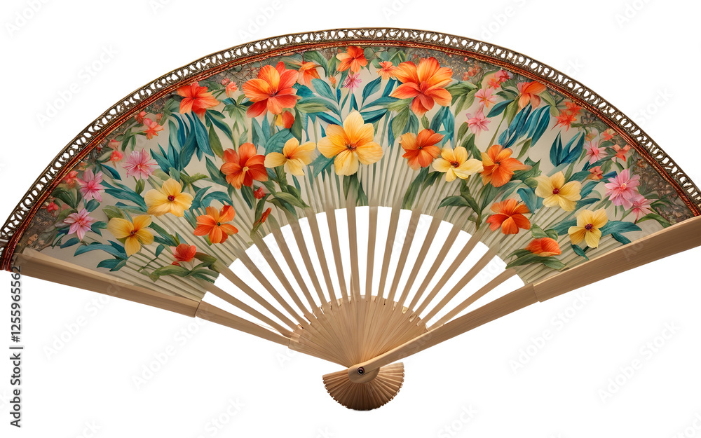 Poster A handheld folding fan with an intricate summer design, isolated on a empty plain background