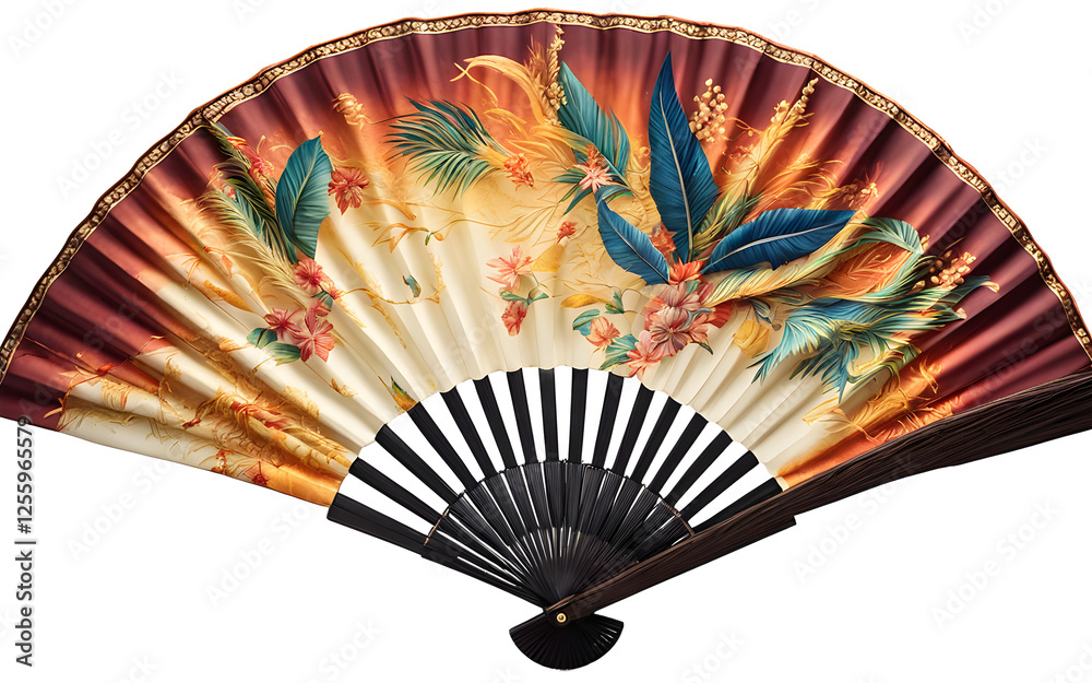 Poster A handheld folding fan with an intricate summer design, isolated on a empty plain background