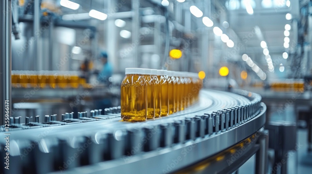 Fototapete in a state-of-the-art production facility, milk bottles move swiftly along a conveyor belt. workers 
