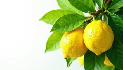 Luscious lemons, vibrant green leaves, isolated , sprout, pulp, peel