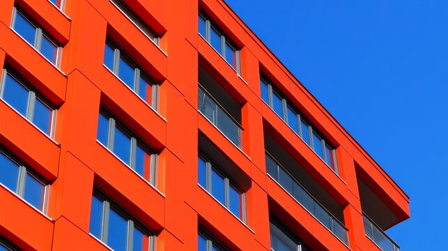 Vibrant orange building facade under a clear blue sky showcasing modern architecture and design