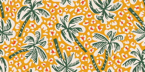 Tropical palm trees with leopard seamless pattern. Hawaii summer fashion print for background, fabric, textiles, clothing, poster, cover, packaging, decoration, banner, wallpaper. Vector illustration. © Udomdech