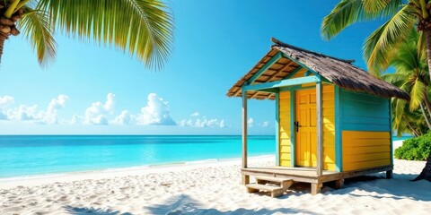 Obraz premium Tropical Beach Hut Idyll Sun-Kissed Sands, Azure Waters, and Palm Trees Framing a Vibrant Yellow and Teal Coastal Shelter