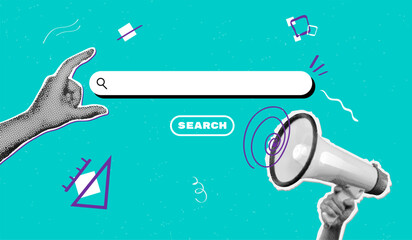 Halftone hiring search. New job free vacancy recruitment advertising banner trendy social media post, hand find recruit employee employment digital agency vector illustration