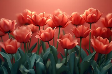  Vibrant Red Tulips with Lush Green Leaves Against a Glowing Background