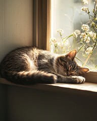 A Peaceful Cat Resting Serene on the Window Sill Embracing Quiet Comfort and Warmth