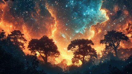 Cosmic Minimalist Surreal Scenery, Cosmic Forest Fire Celestial Woods Digital Art Night Sky Dramatic View Imagination