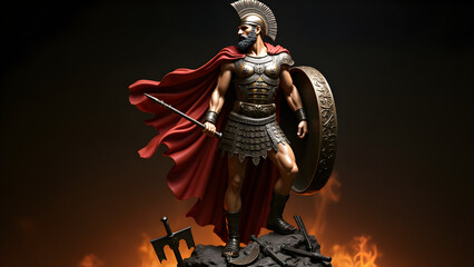 A powerful statue of Mars, the Roman god of war, standing in full armor with a sword and shield. Cloaked in red, he exudes strength and determination, embodying war and valor.