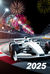Naklejka premium 2025 Formula 1 Grand Prix car drives on night track with fireworks in the background