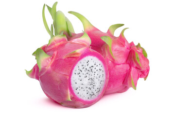 Half and whole dragon fruit or pithaya on isolated white background. 2 fruits.