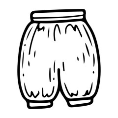 Baby romper. Hand drawn doodle. Newborn pants. Fabric clothing for the legs of a small child. Childhood. Vector line art illustration.