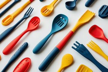  Vibrant silicone kitchen utensils scattered across a white surface including a ladle, tongs, and spatula in bold hues of red, blue, and yellow.