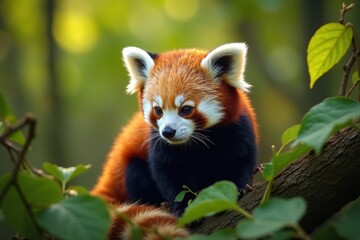 Red panda nestled amongst leaves, looking down, bushy tail, tree, mammal