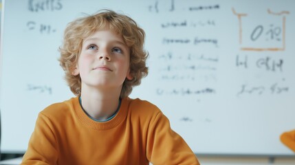 Young student engaged in solving a mathematical Pi equation in a bright classroom