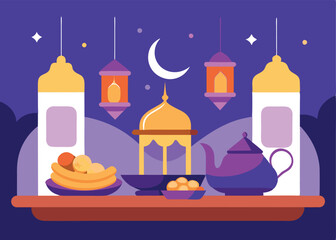 Fototapeta premium Ramadan Mubarak, Festive Table Setting with Traditional Middle Eastern Food, Dates, Sweets, and 