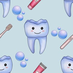 Seamless Pattern Blue Kawaii Tooth and Toothpaste with Toothbrush and Bubbles Big Design on Pastel Blue Background