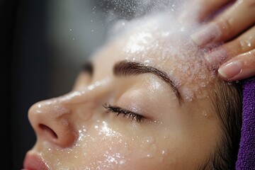  Woman enjoying a soothing foaming facial massage, her eyes closed in relaxation, emphasizing skincare, beauty, and the benefits of professional skin treatments.