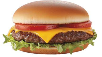 Freshly prepared hamburger with a juicy beef patty, melted cheese, crisp lettuce, and ripe tomato, served on a toasted bun.