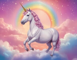 Fototapeta premium Majestic Unicorn in a Dreamy Sky with Rainbow with sparkling stars against a soft, pink fantasy sky